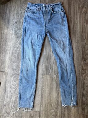 Re/Done Light Blue Slim Straight Jeans with Frayed Hem